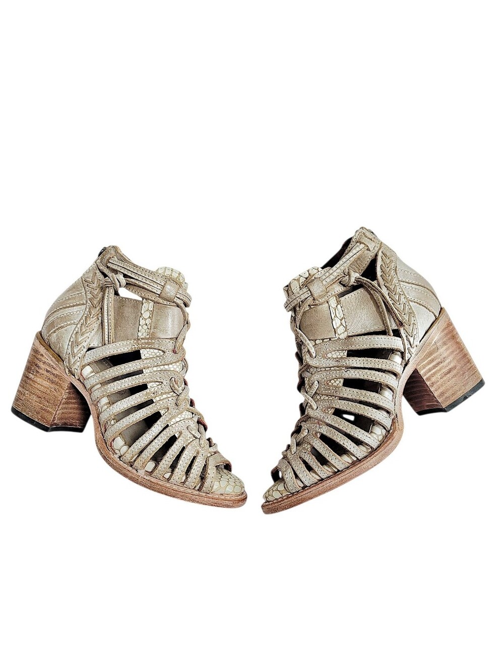 Freebird by Steven Wazee Leather Block Heel Booties Boho Festival Sandals Size 5